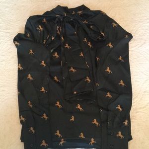 Dark green satiny blouse with stallions XS